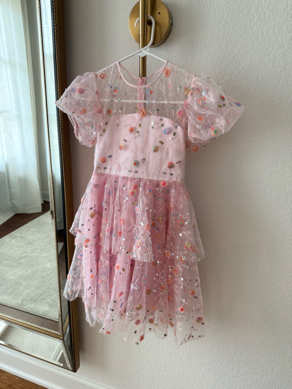 Anthropologie Pink Floral Embroidered Tulle Dress